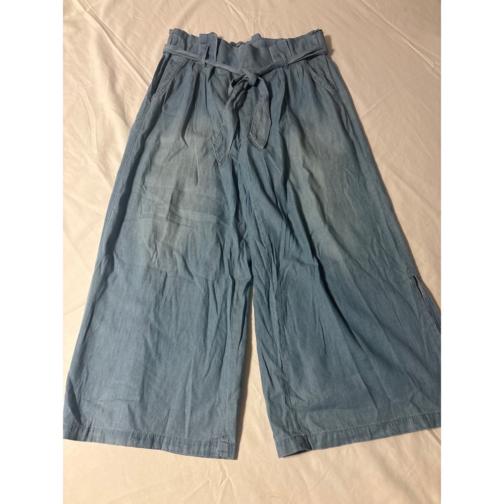 Rewash Wide Leg Pants Womens L Blue Paperbag Waist Tie Denim Look
